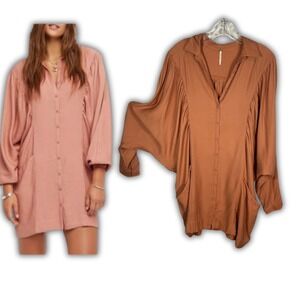 Free People Midi Shirt Fade Way Coral Dress Dolman Lagenlook Pockets Rust S